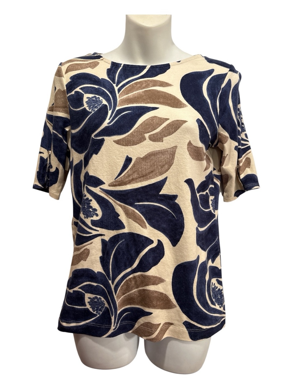 Chico's Navy and Beige Floral Short Sleeve Tee size small or Chicos 0